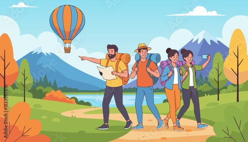 Hiking Group Exploring Mountain Trail with Hot Air Balloon