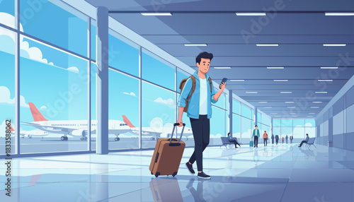 Traveler Walking Through Modern Airport Terminal with Luggage – Vector Illustration