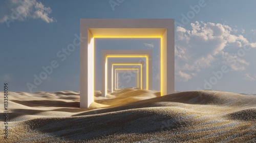 Surreal scene of portals receding into the distance over a desert landscape under a blue sky