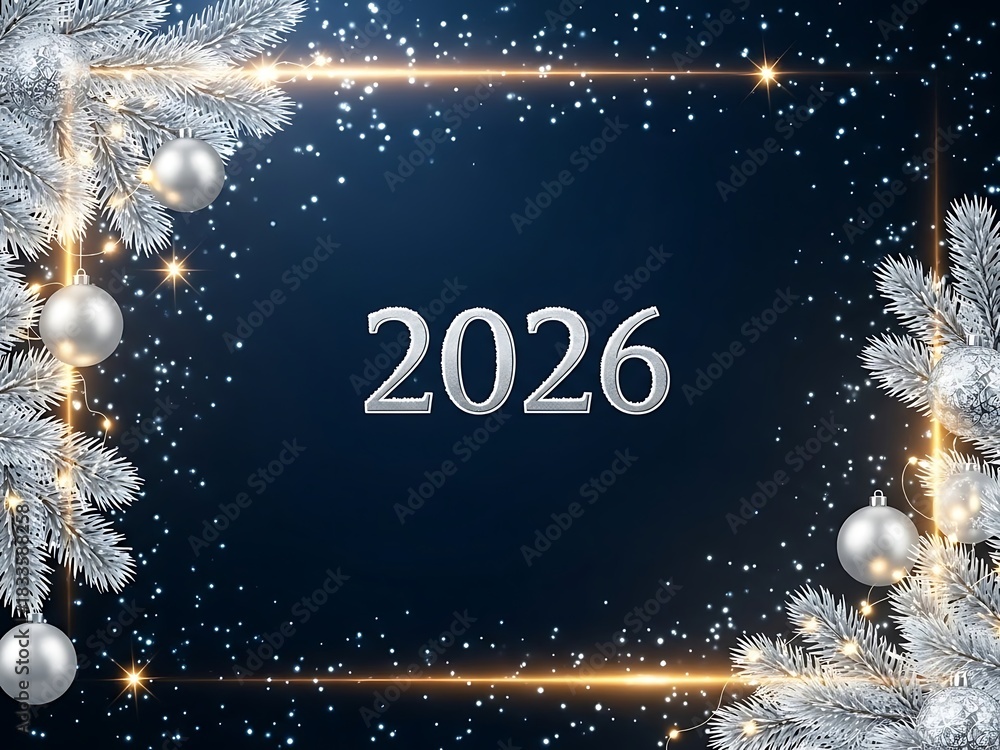Naklejka premium Festive New Year 2026 Elegant Winter Design with Silver Ornaments and Sparkle