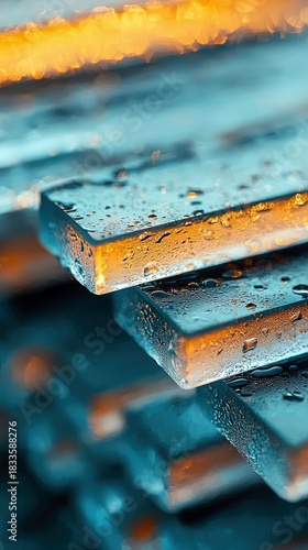 Close-up of glass blocks with water droplets, illuminated by moody lighting, creating an abstract and artistic composition.
