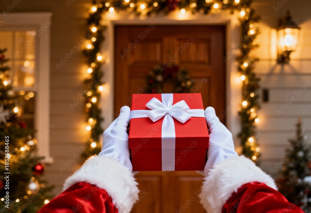 Fototapeta premium Santa's hands holding a red gift box with a white bow, standing outside a warmly lit holiday decorated house entrance, delivering joy.