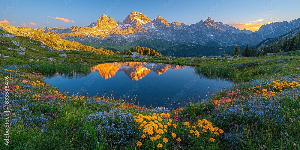 Obraz premium A wide landscape of a serene alpine lake mirroring glowing sunrise