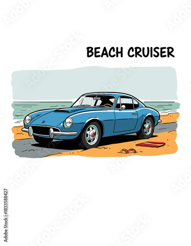 Blue classic coupe beach drive.Retro sports car summer vacation.Vintage cruiser illustration.Automotive beach life design.Hand drawn auto travel art