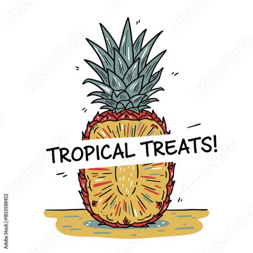Sliced Pineapple Treat Graphic.Hand Drawn Tropical Fruit Art.Summer Snack Vector Doodle.Retro Pineapple T-shirt Print.Tropical Treats Badge Design