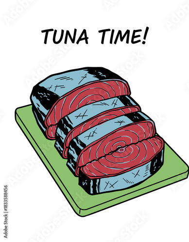 Tuna Time Comic Style Illustration.Sliced Fish Steak Doodle Art.Fresh Tuna on Cutting Board.Seafood Meal Prep Vector.Comic Pop Art Tuna Steaks