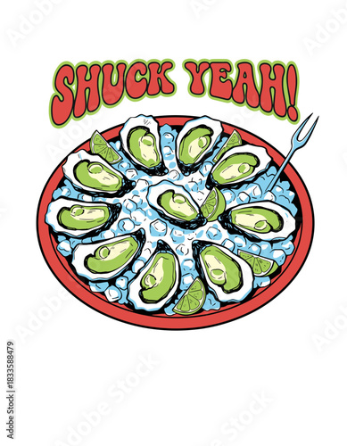 Shuck Yeah Oyster Plate.Retro Seafood Raw Bar Design.Comic Oysters on Ice Art.Hand Drawn Shellfish Graphic.Summer Food T-shirt Vector