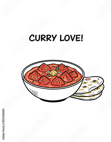 Curry Love Food Art.Indian Dish Illustration.Hand Drawn Curry Bowl.Delicious Tikka Masala.Naan and Curry Graphic