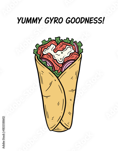 Delicious Gyro Wrap Vector.Hand Drawn Greek Street Food.Yummy Gyro Sandwich Comic Art.Pita Bread Meat Kebab Illustration.Isolated Fast Food Doodle