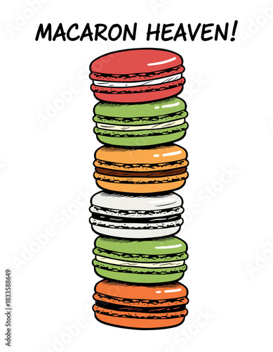 Macaron Heaven Stack.Colorful Dessert Tower.French Sweet Delights.Vintage Engraving Macarons.Pop Art Bakery Design