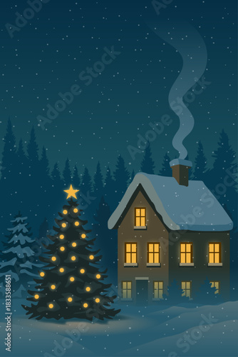 Landscape at night of a home in the snow forest and a christmas tree