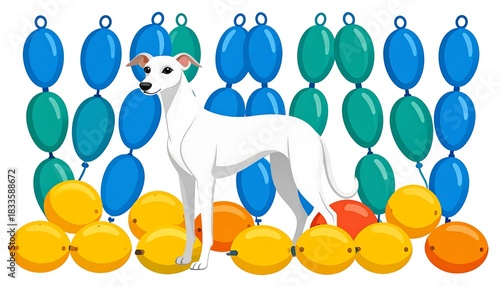 White dog stands amidst colorful balloons and fruit