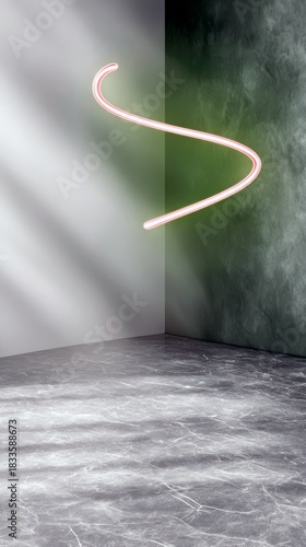 A glowing neon light in a curved shape is suspended in a corner of a room with dramatic lighting and shadows.