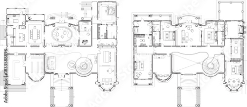 Furniture Layout Plan 8 for Large Residential Building – First and Second Floor with Kitchen, Bedroom, and Dressing Room Sets