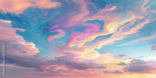 A radiant swirl of pastel skies unfolds like a celestial canvas, where pink, purple, and orange clouds drift in harmony, painting a dreamscape of vibrant serenity and wonder.