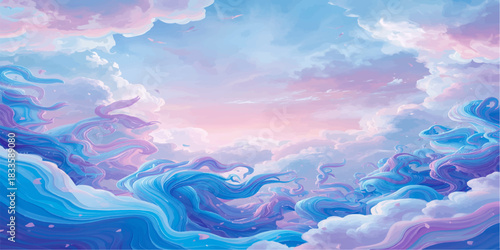 Waves of twilight drift across a surreal sky, where pastel clouds ripple like dreams, glowing softly with the warmth of a hidden sun’s farewell.