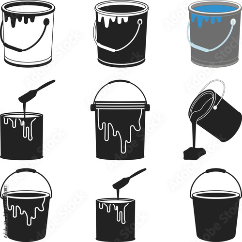 Paint Bucket Printable Vector Illustration Silhouette, Collection of Paint Cans and Buckets with Brushes