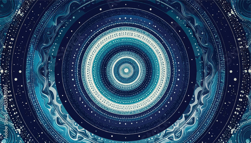 Intricate Blue Circular Fractal Pattern with Cosmic and Spiritual Undertones.