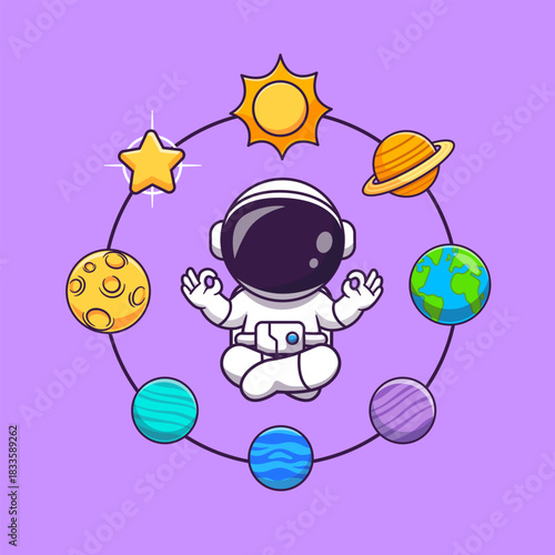 Cute Astronaut Meditation Yoga With Sun, Planet And Star In Space Cartoon 