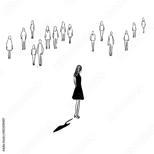Woman standing apart from a crowd of people in a minimalist black and white illustration style image