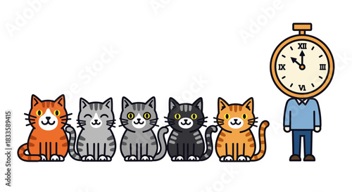 Line of colorful cats with clock character