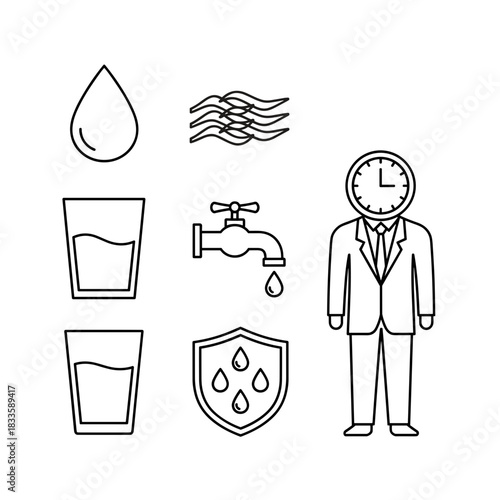 Water conservation icons and clock-headed figure
