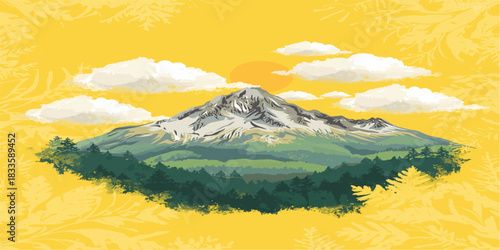 Mountain Scene with Snowy Peaks, Verdant Forests, and a Sunlit Sky Adorned with Clouds and Floral Whispers of Nature’s Calm and Radiant Beauty