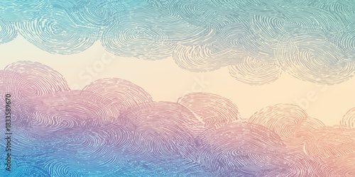 Ethereal Pastel Cloudscape with Soft Gradient Hues of Blue, Lavender and Peach Creating a Dreamy Whimsical Sky Illustration