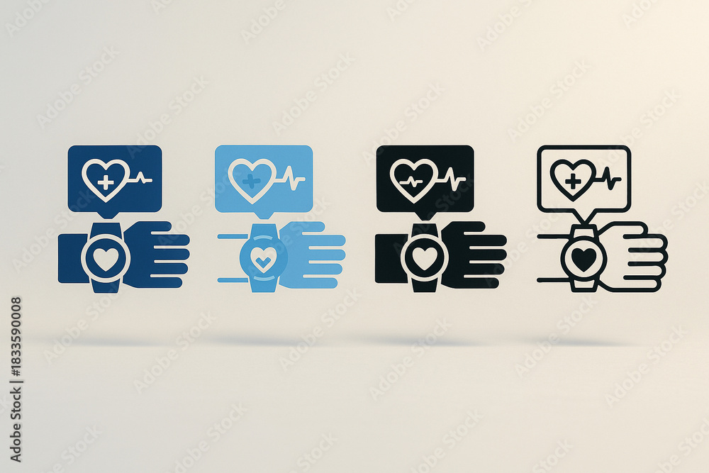 Obraz premium AI generated minimal icon set of smartwatch health monitoring showing heart rate pulse and wearable tracking symbols in four modern styles suitable for digital health app design fitness interface use