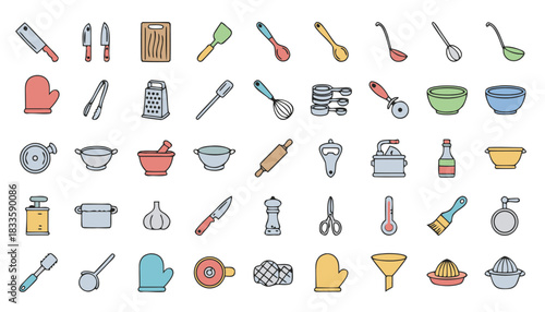 Colorful Kitchen Tools and Utensils Vector Set