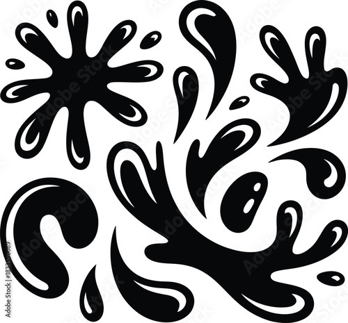 Black ink splashes and drops on white background liquid