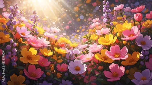 Fototapeta Naklejka Na Ścianę i Meble -  Vibrant field of wildflowers bathed in golden sunlight and bokeh meadow colorful