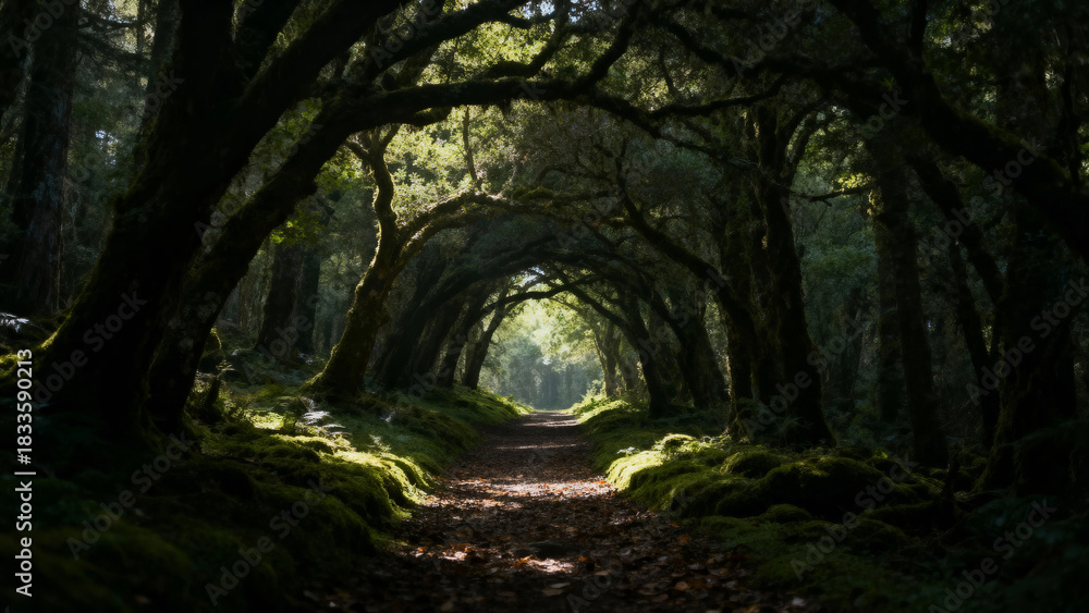 Naklejka premium A moss-covered forest path lined with arching trees forming a natural tunnel, illuminated by soft light at the end.
