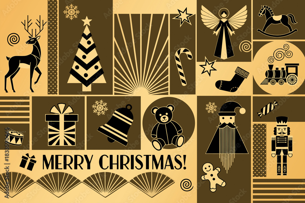 Obraz premium Christmas greetings, holiday themed patchwork collage with festive symbols and icons in Art Deco style