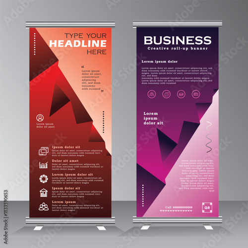 Roll up banner desing in purple and red print ready colours, vetical banner template, roll up bannner for project, event, presentation, conferance, meeting, vector eps 10