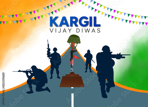 Kargil Vijay Diwas featuring an Indian Army soldier silhouette, tricolor theme, memorial tribute, and battlefield atmosphere. Ideal for Independence Day, Republic Day, Indian military posters