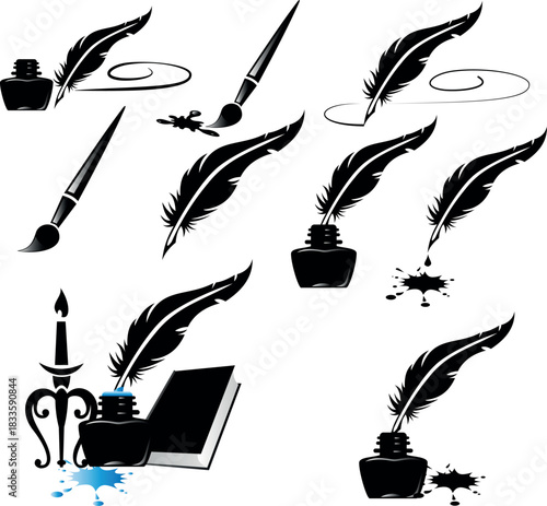vector set of feather and ink