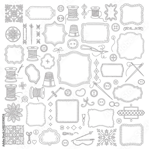 Sewing Elements and Frames - A Detailed Hand-Drawn Illustration.