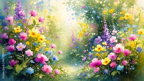 Fototapeta Naklejka Na Ścianę i Meble -  Impressionistic Watercolor Meadow of Wildflowers in Bloom colorful