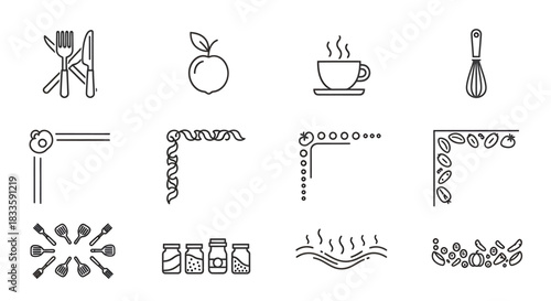 Collection of kitchen and food-related design elements in outline style.