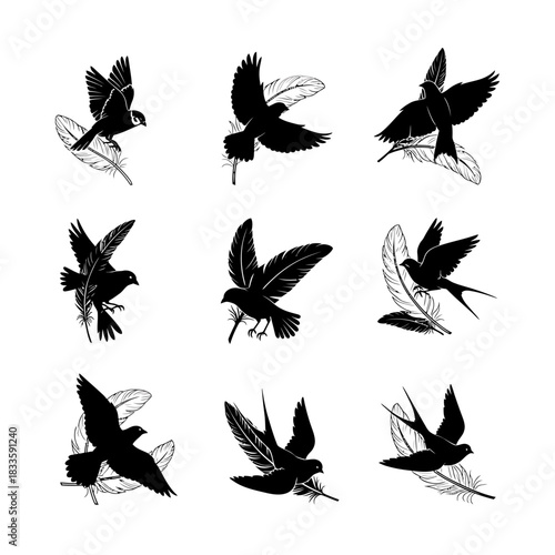 Elegant Birds in Flight - A Collection of Black Silhouettes with Feathers.