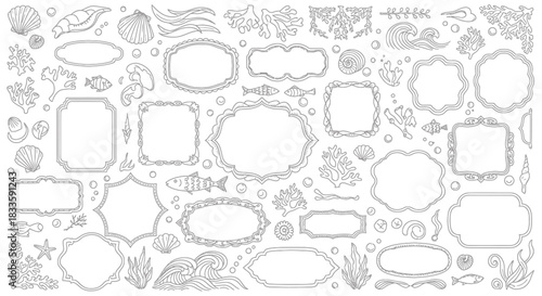 Collection of Sea-Themed Frames and Marine Life Illustrations.