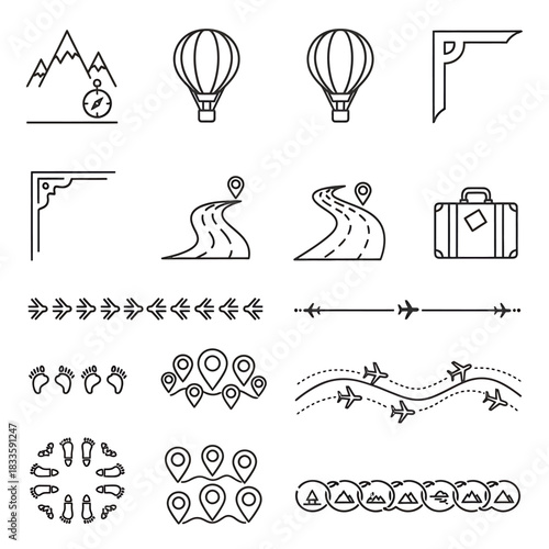 Collection of Travel and Adventure Themed Line Art Icons.