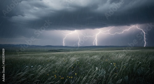 A dramatic storm rages over a vast grassy plain, with lightning illuminating the dark clouds above.
