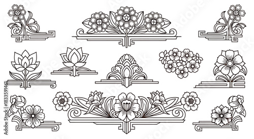 Elegant Floral Art Deco Ornaments for Design Projects.