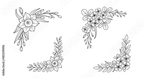Elegant Floral Corner Designs - Hand-Drawn Botanical Illustrations.