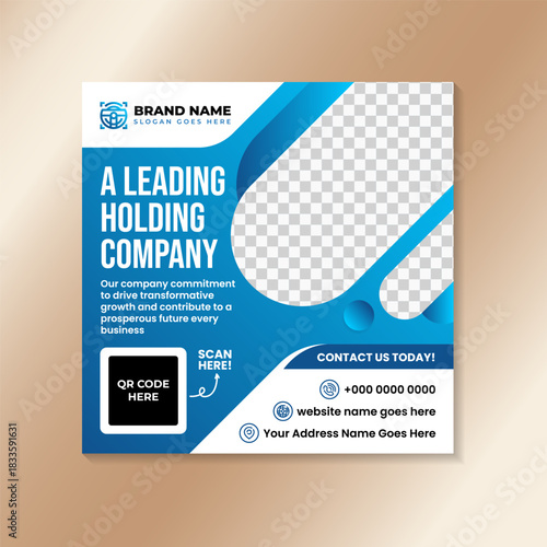 A leading holding company Business Promotion And Corporate Social Media Banner Template. blue gradient background with space for photo.
