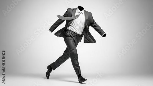 Black and white concept of an invisible businessman in a classic suit walking energetically, isolated on transparent background for professional projects.