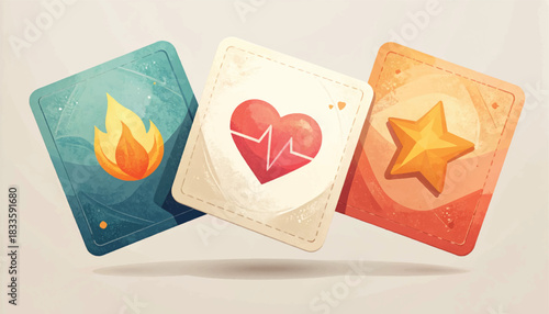 Collection of Three Stylized Game Cards with Icons.