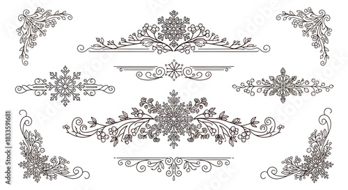Elegant Winter Ornament Set with Snowflake and Floral Details.